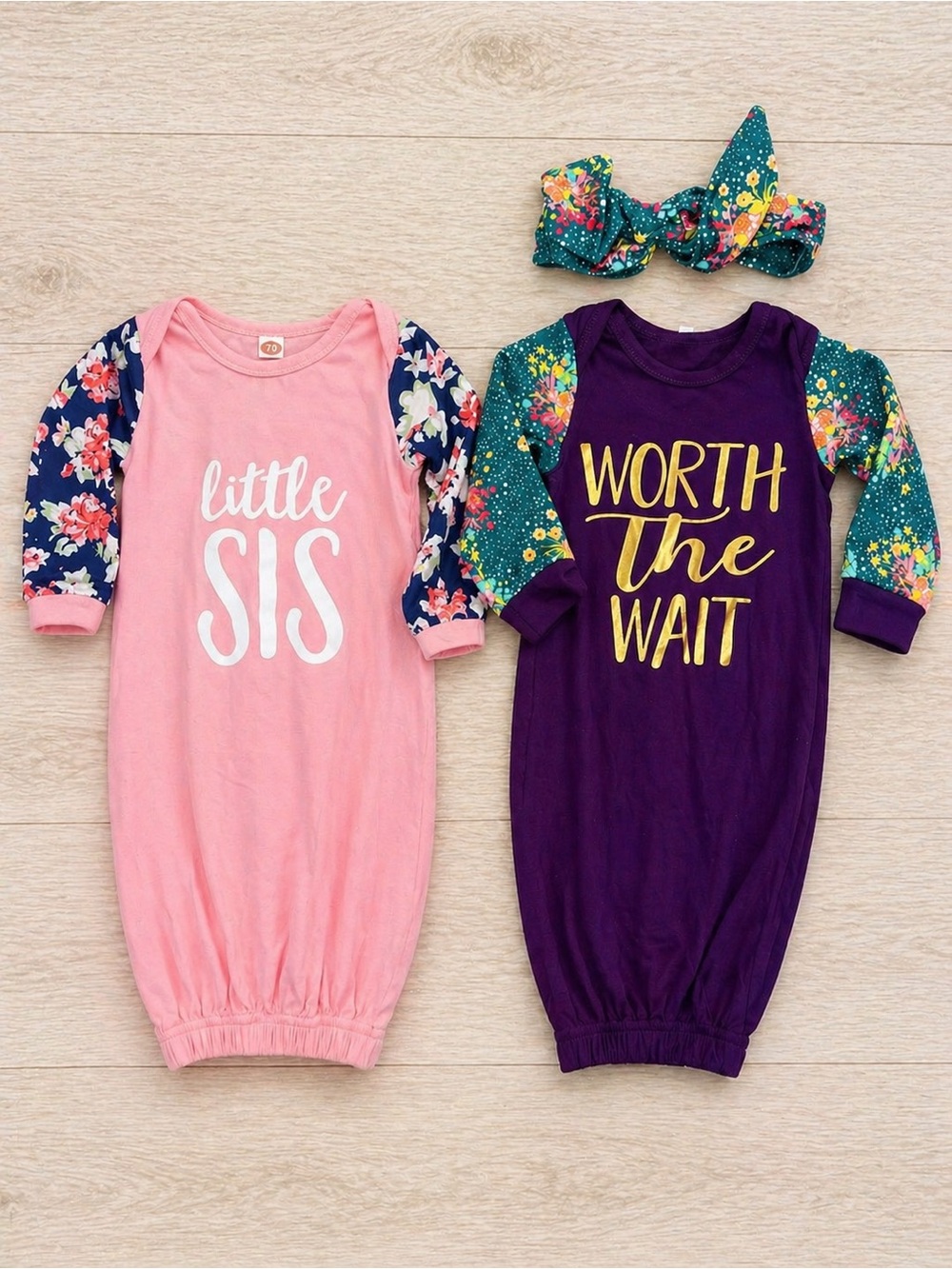 Baby Girl 0-3 Months Gown Set Little Sis Worth The Wait Outfit Bundle